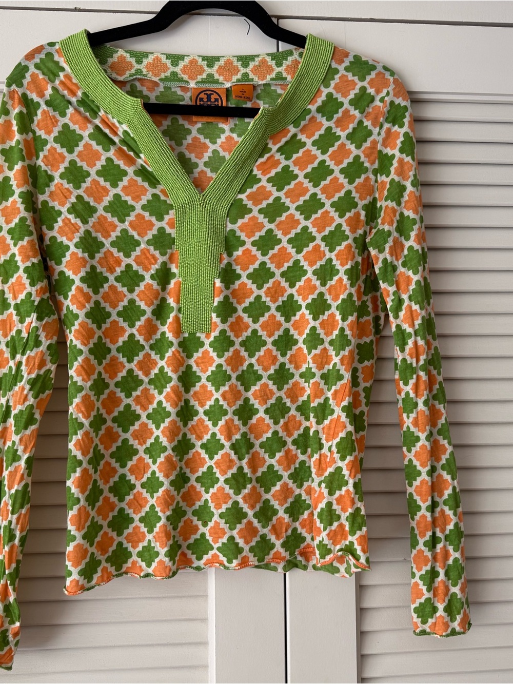 Tory Burch Green, Orange & White Beaded V-Neck Knit Top
